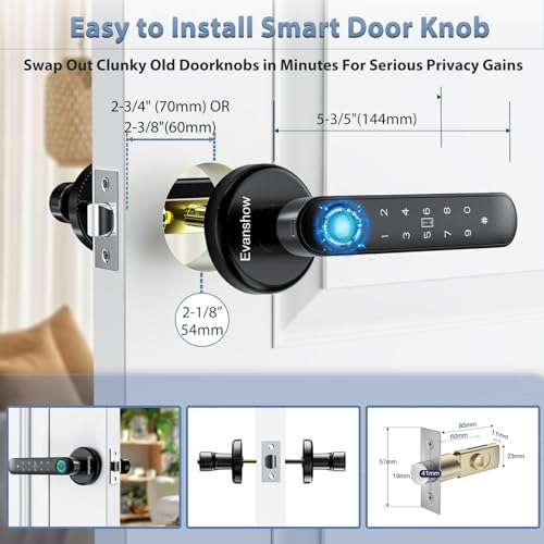 Fingerprint Door Lock Biometric Door Knob with Keypad Keyless Entry, 5-in-1 Door Locks for Bedrooms(Fingerprint/App/Code/Key/IC Card), Home Hotel Office Apartment Black